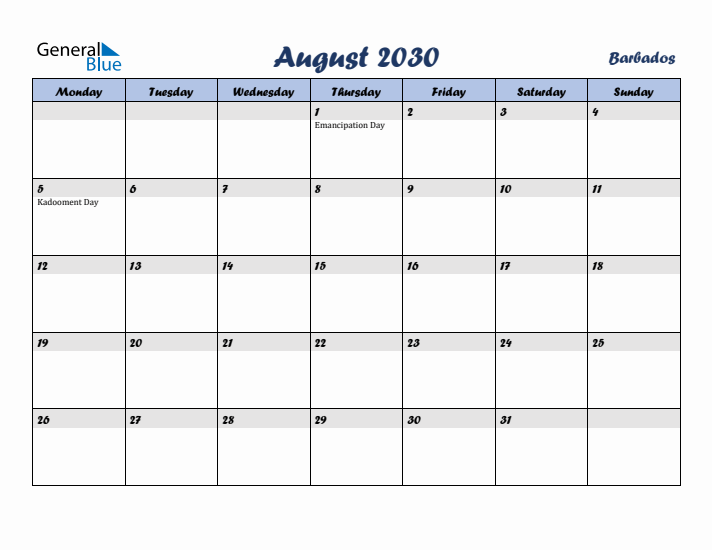 August 2030 Calendar with Holidays in Barbados