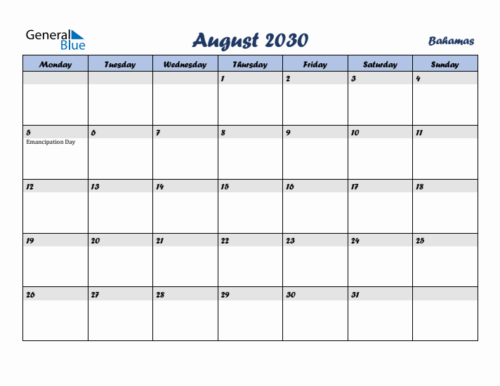 August 2030 Calendar with Holidays in Bahamas