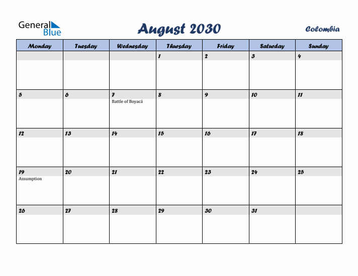 August 2030 Calendar with Holidays in Colombia