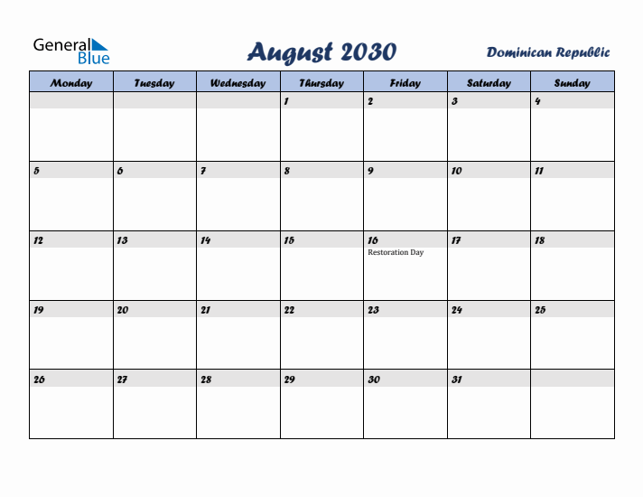 August 2030 Calendar with Holidays in Dominican Republic