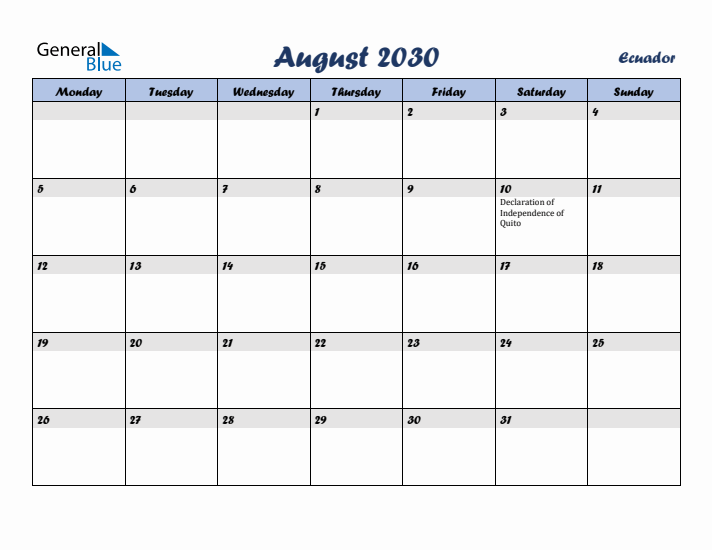 August 2030 Calendar with Holidays in Ecuador