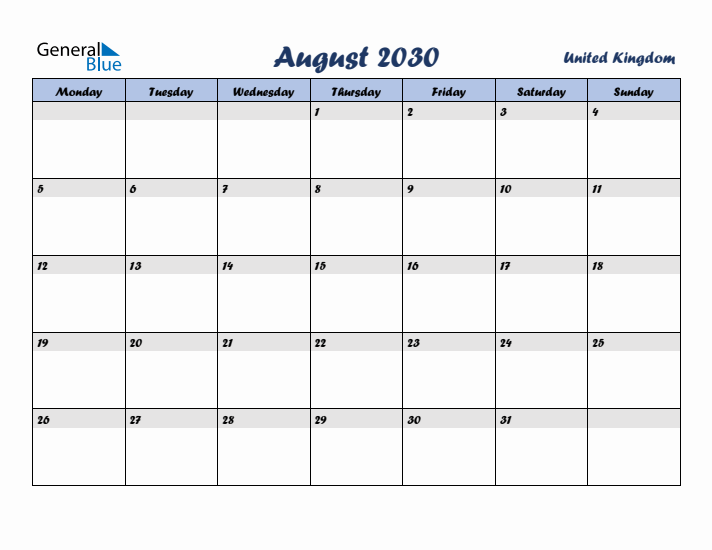 August 2030 Calendar with Holidays in United Kingdom