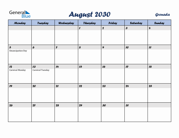 August 2030 Calendar with Holidays in Grenada