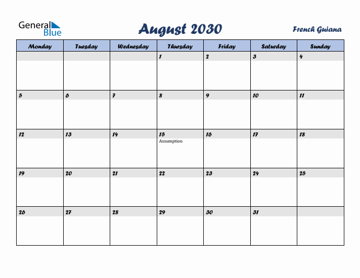 August 2030 Calendar with Holidays in French Guiana