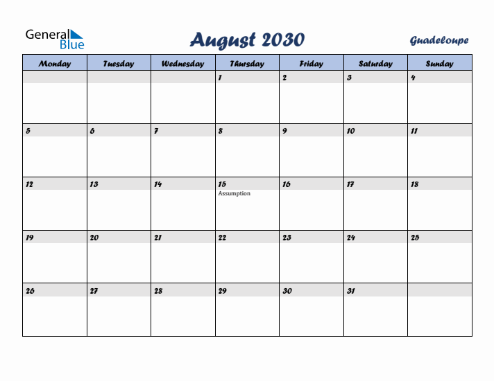 August 2030 Calendar with Holidays in Guadeloupe