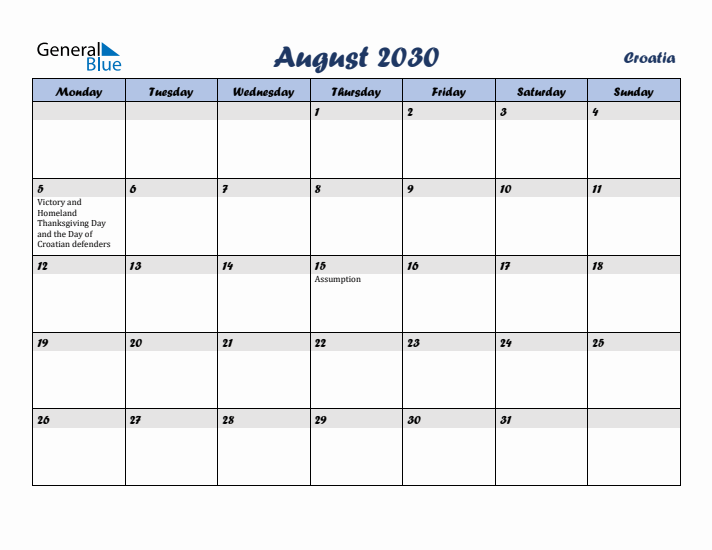 August 2030 Calendar with Holidays in Croatia