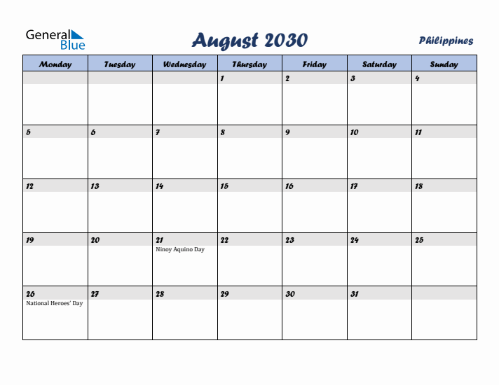 August 2030 Calendar with Holidays in Philippines