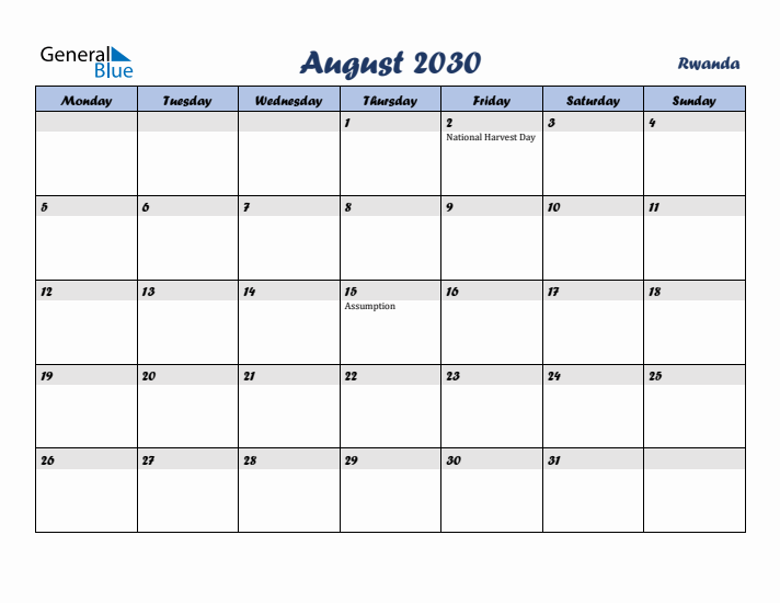 August 2030 Calendar with Holidays in Rwanda