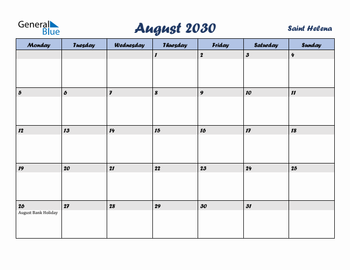 August 2030 Calendar with Holidays in Saint Helena