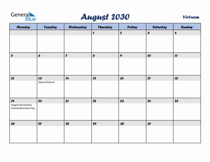 August 2030 Calendar with Holidays in Vietnam