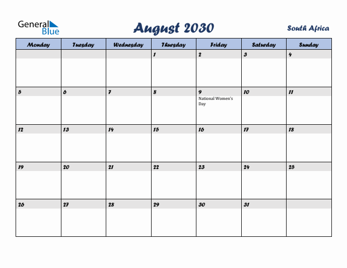 August 2030 Calendar with Holidays in South Africa