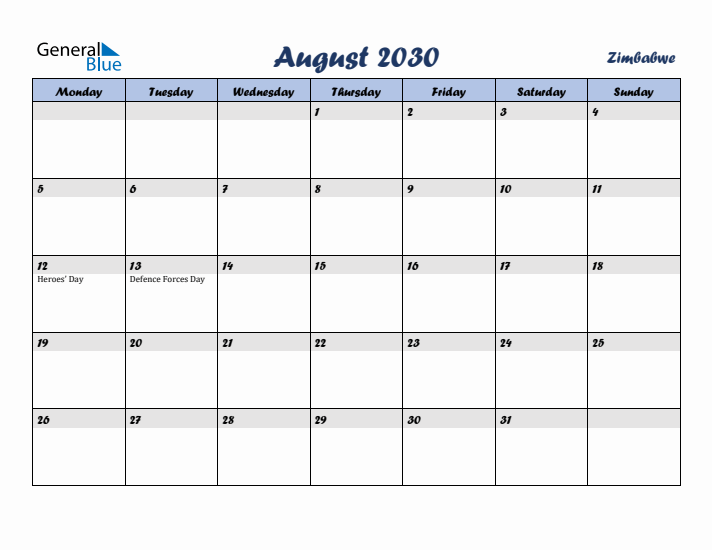 August 2030 Calendar with Holidays in Zimbabwe