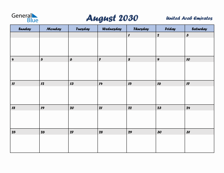 August 2030 Calendar with Holidays in United Arab Emirates