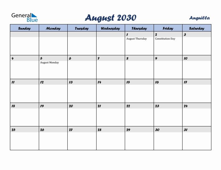 August 2030 Calendar with Holidays in Anguilla