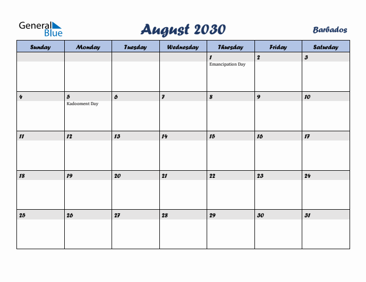 August 2030 Calendar with Holidays in Barbados
