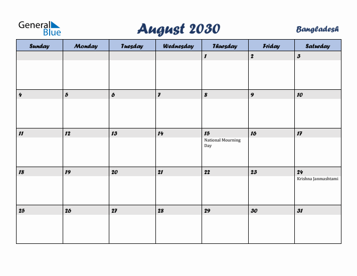 August 2030 Calendar with Holidays in Bangladesh