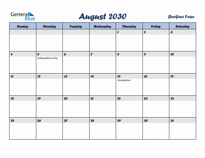 August 2030 Calendar with Holidays in Burkina Faso