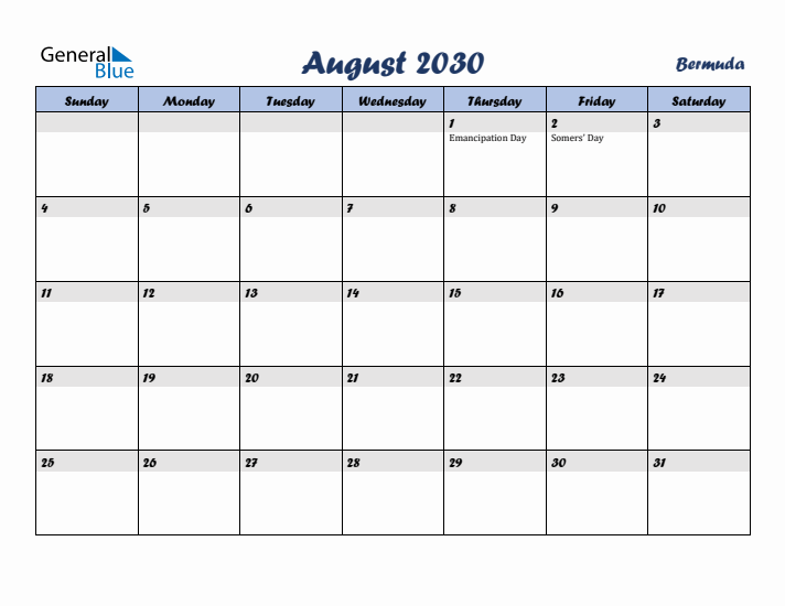 August 2030 Calendar with Holidays in Bermuda