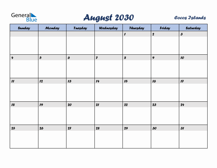 August 2030 Calendar with Holidays in Cocos Islands