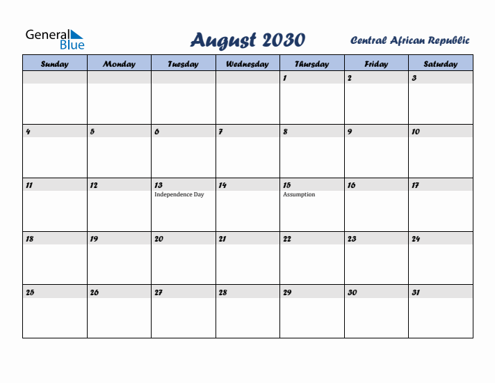 August 2030 Calendar with Holidays in Central African Republic