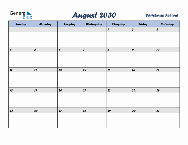 August 2030 Calendar with Holidays in Christmas Island