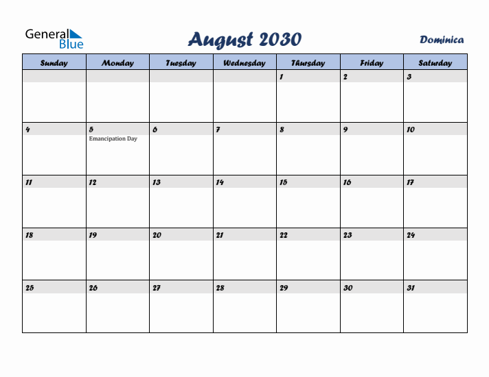 August 2030 Calendar with Holidays in Dominica