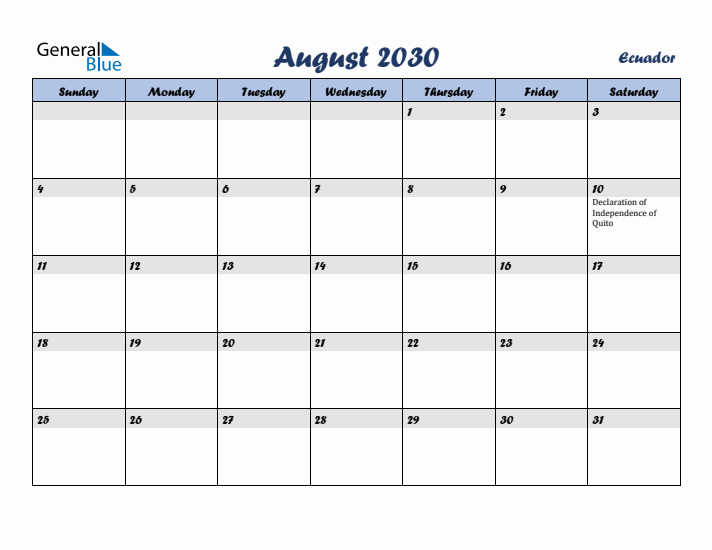 August 2030 Calendar with Holidays in Ecuador