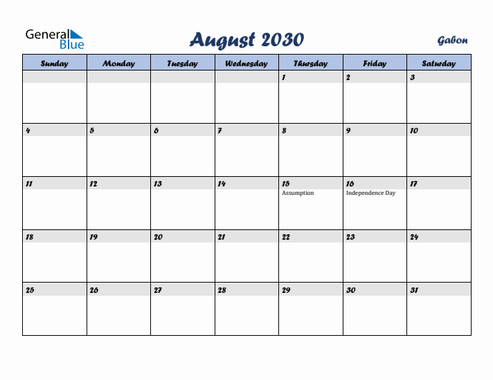 August 2030 Calendar with Holidays in Gabon