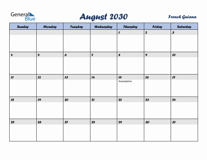 August 2030 Calendar with Holidays in French Guiana