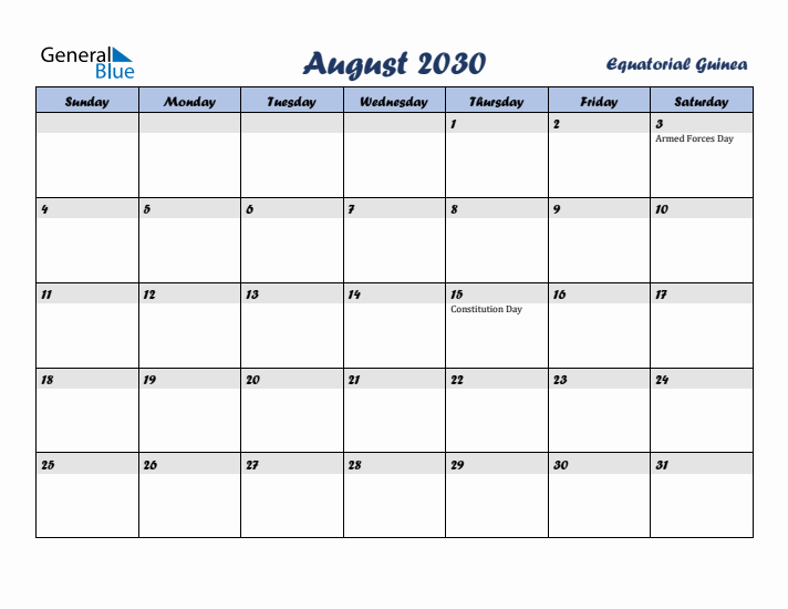 August 2030 Calendar with Holidays in Equatorial Guinea