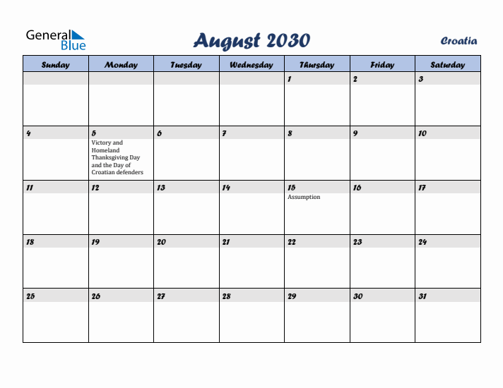 August 2030 Calendar with Holidays in Croatia