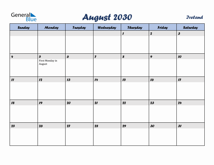 August 2030 Calendar with Holidays in Ireland