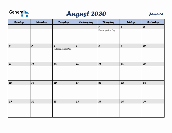 August 2030 Calendar with Holidays in Jamaica