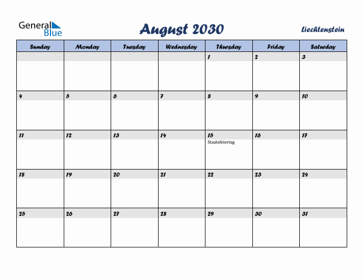 August 2030 Calendar with Holidays in Liechtenstein
