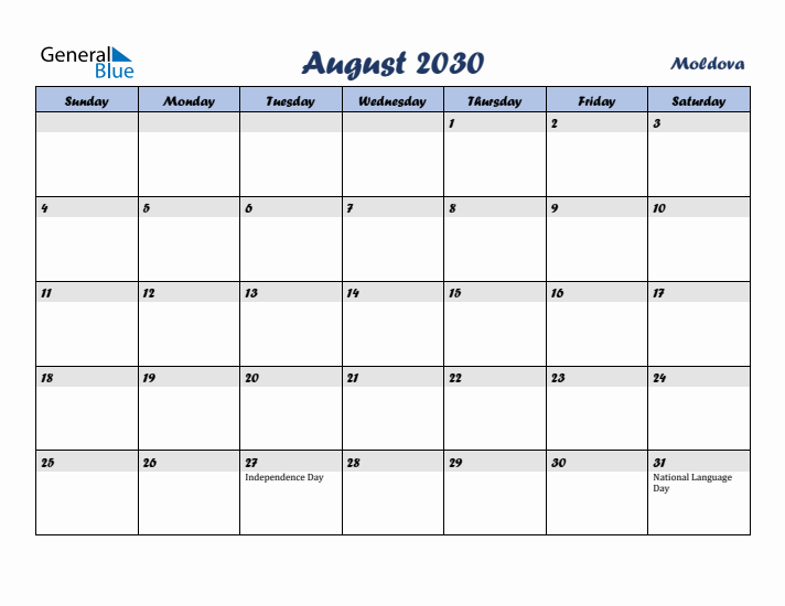 August 2030 Calendar with Holidays in Moldova