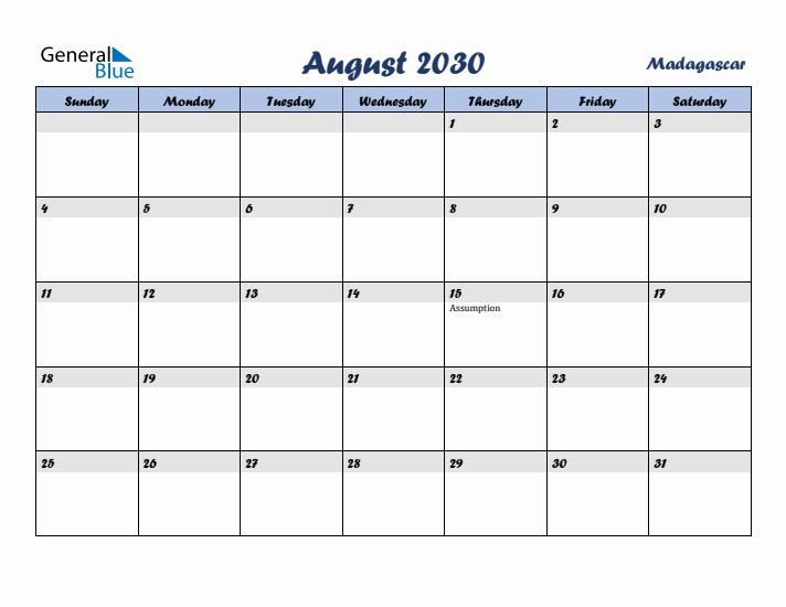 August 2030 Calendar with Holidays in Madagascar