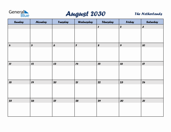 August 2030 Calendar with Holidays in The Netherlands