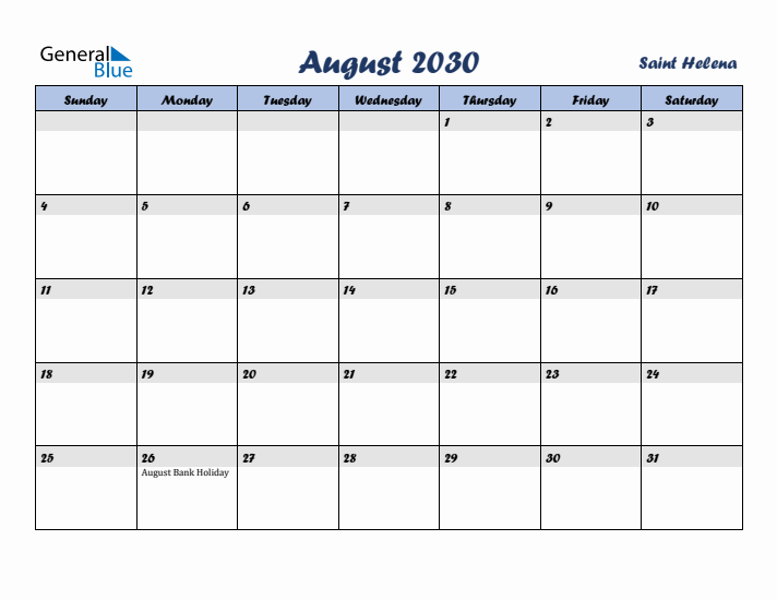 August 2030 Calendar with Holidays in Saint Helena