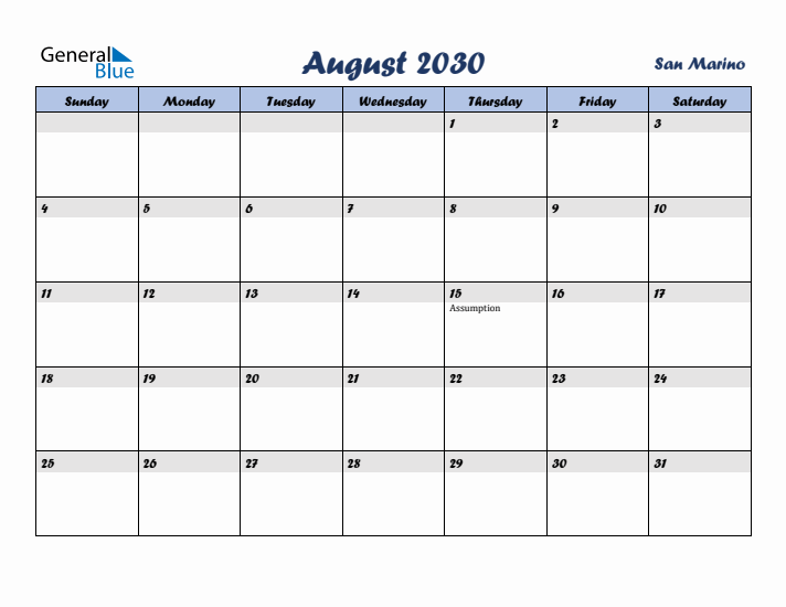 August 2030 Calendar with Holidays in San Marino