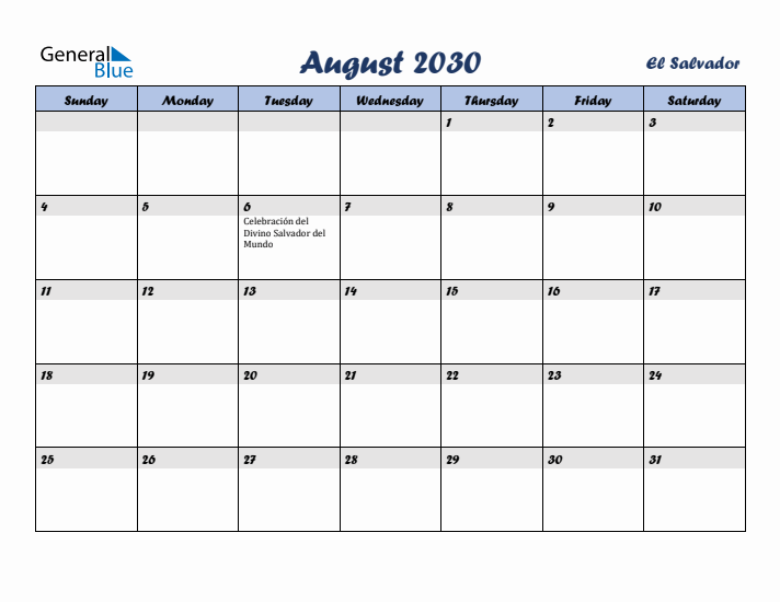 August 2030 Calendar with Holidays in El Salvador