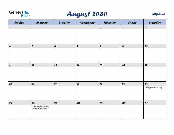 August 2030 Calendar with Holidays in Ukraine