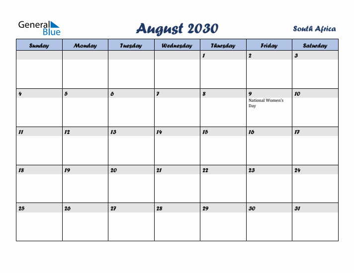 August 2030 Calendar with Holidays in South Africa