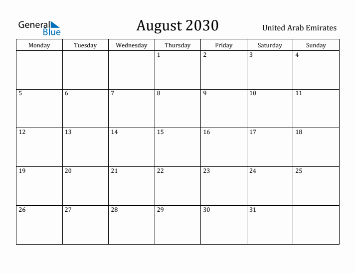 August 2030 Calendar United Arab Emirates