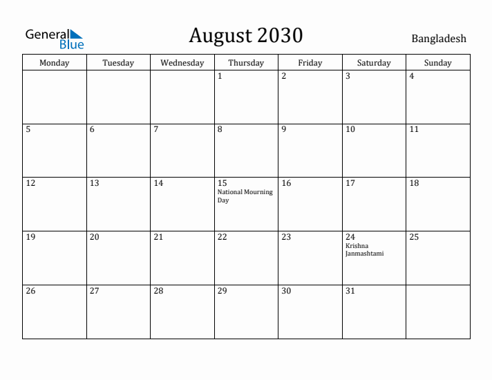 August 2030 Calendar Bangladesh