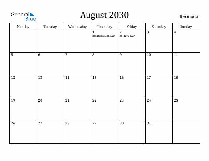 August 2030 Calendar Bermuda