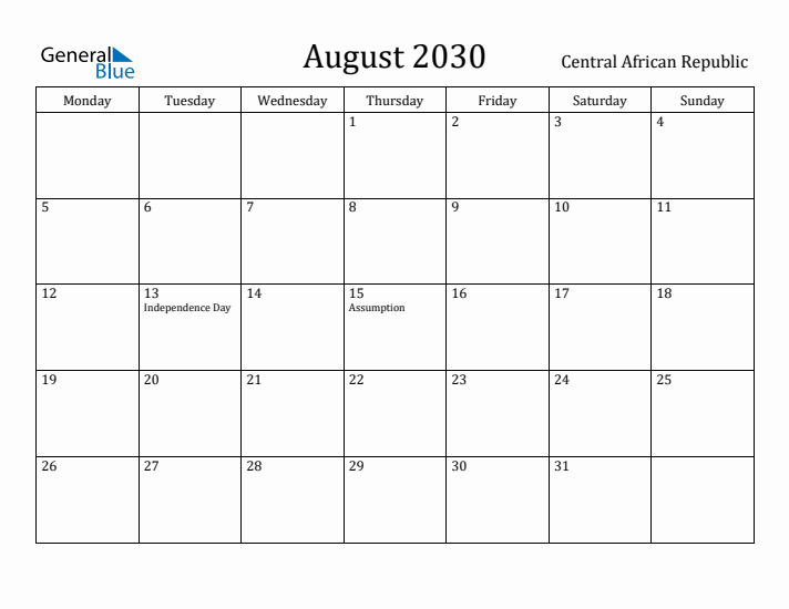 August 2030 Calendar Central African Republic