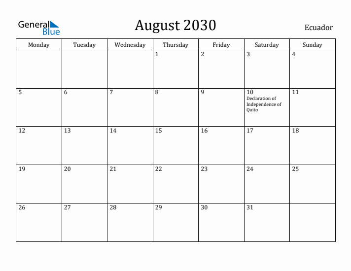 August 2030 Calendar Ecuador