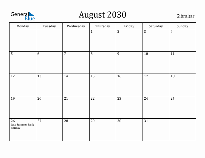 August 2030 Calendar Gibraltar