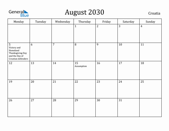 August 2030 Calendar Croatia