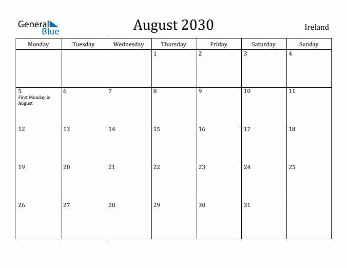 August 2030 Calendar Ireland